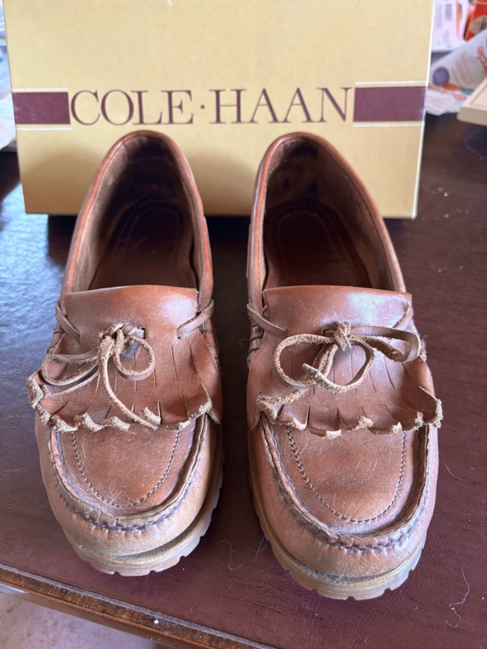 Cole Haan preowned women’s Tan Leather Kiltie Loafers size 8 original box